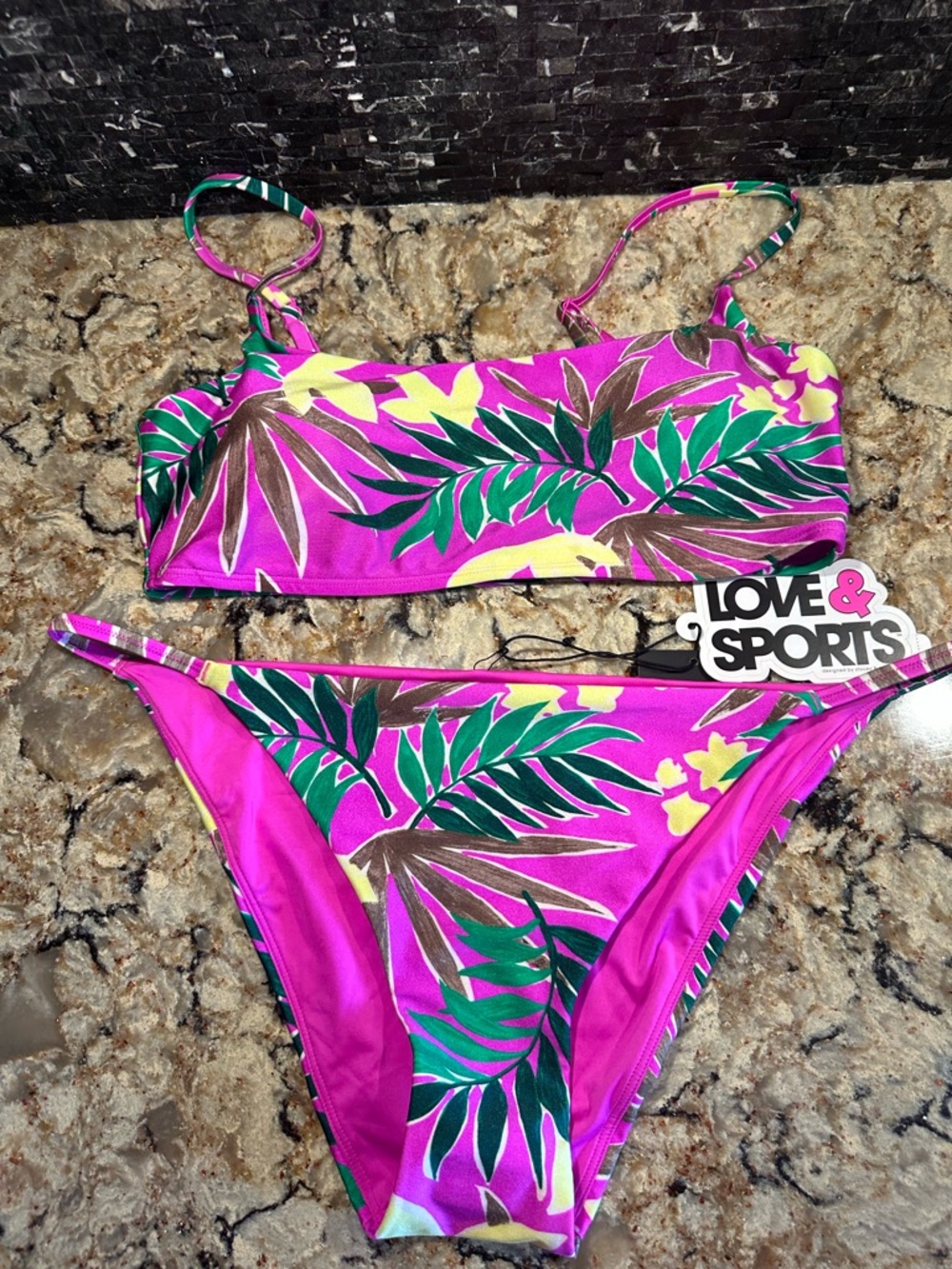 Women’s XL Bikini Love & Sports Floral Classic Sheen 2pc Hot Pink Tropical Sz 16